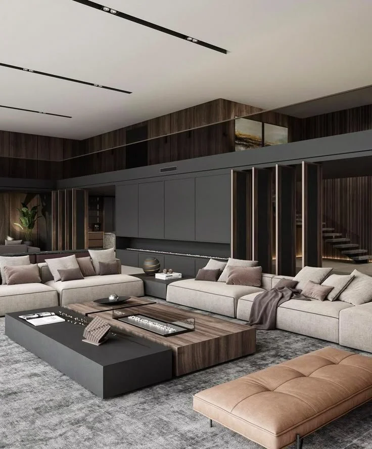 Cozy and luxurious modern living room featuring spacious design elements.