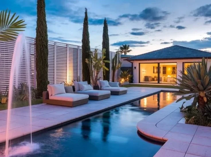 Modern luxury back patio ideas featuring loungers and water features for outdoor relaxation.