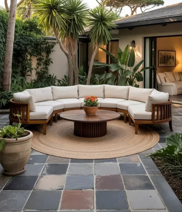 Modern outdoor sectional sofa with cream cushions and rattan teak design