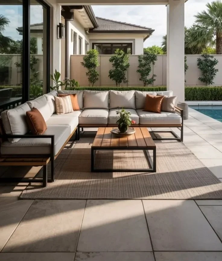 Modern outdoor sectional sofa with neutral grey cushions and woven rug for patio decor