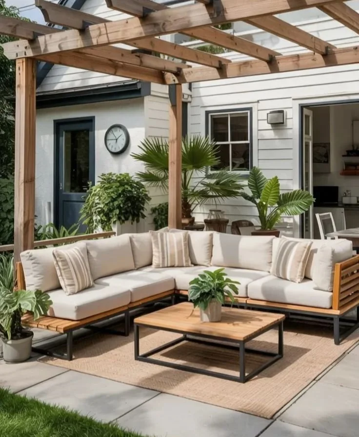 Modern outdoor sectional sofa with light wood frame and beige cushions for patio