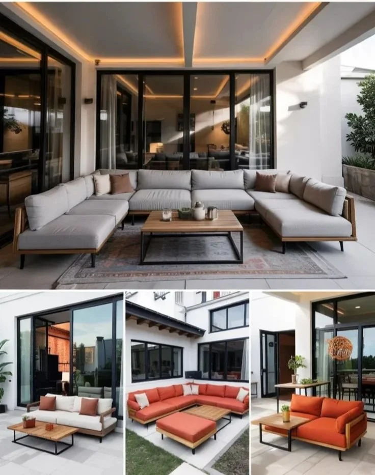 Modern outdoor sofa with neutral and terracotta sectionals in a patio setting