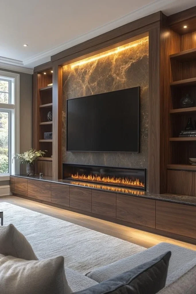 Modern TV wall design with integrated fireplace in a stylish living room setup.