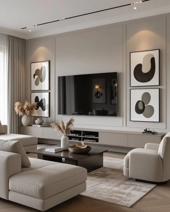 Cozy living room with modern white decor and inviting ambiance.