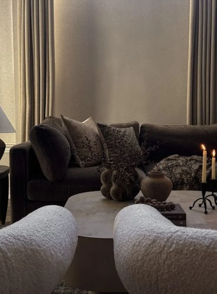 Moody brown living room showcasing modern luxury interior design.