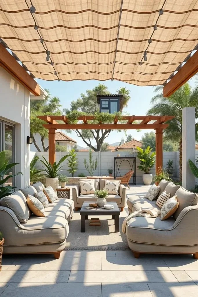 Stylish outdoor sofa in a family-friendly patio layout for 2026.