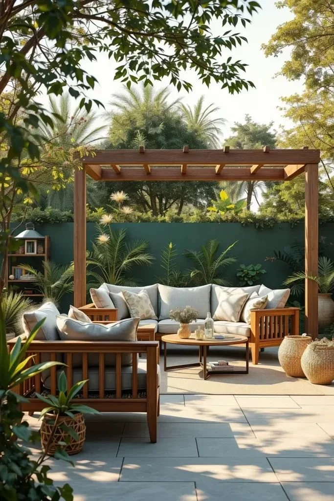 Stylish wooden frame outdoor sofas enhancing natural outdoor spaces.