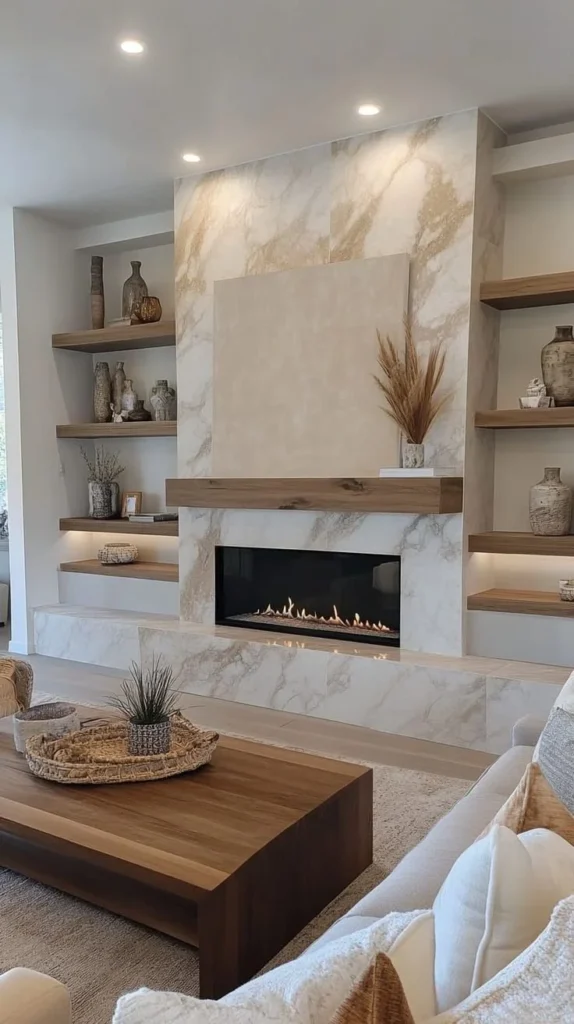 Sleek modern marble fireplace with stylish mantel in a contemporary living room