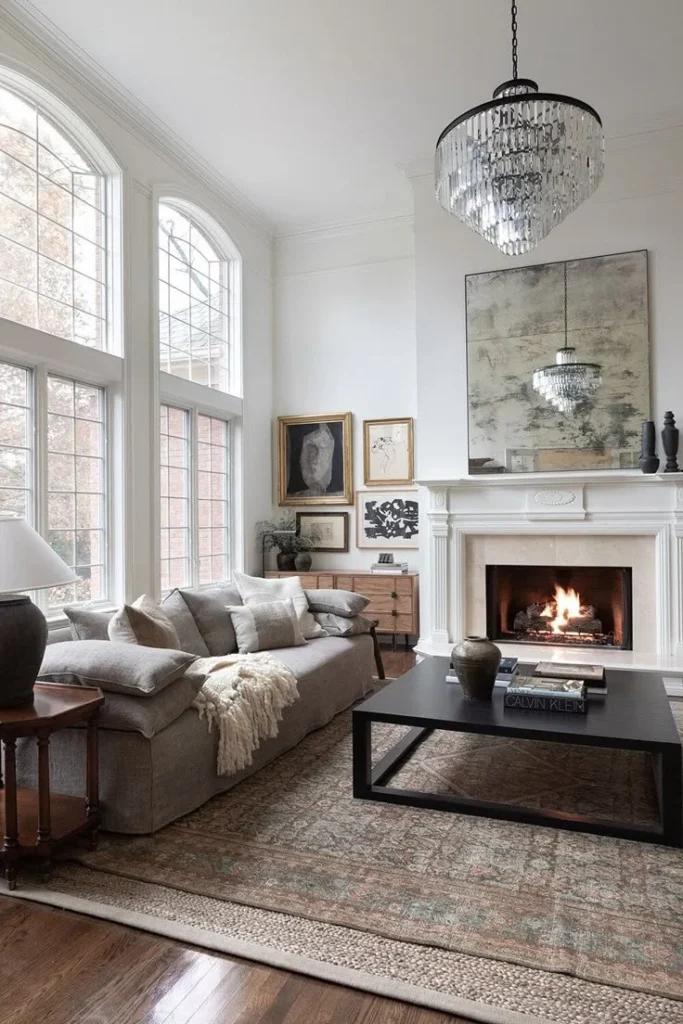 Timeless living room showcasing a central fireplace and elegant decor.