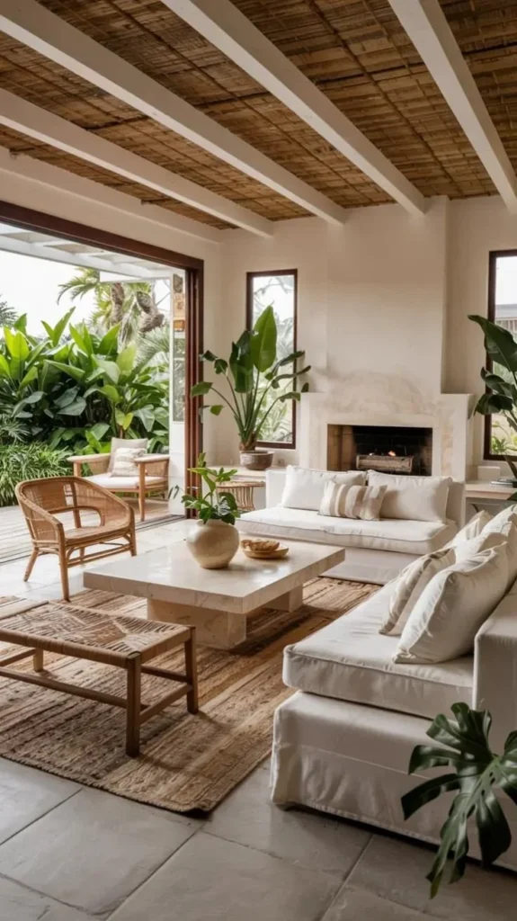 Tropical indoor-outdoor living room showcasing natural materials and greenery.