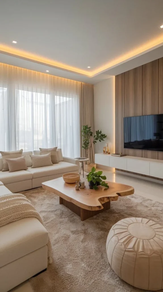 White-Wood Minimalist Living Room Ideas Minimalist living room featuring white walls and wooden accents for a serene look