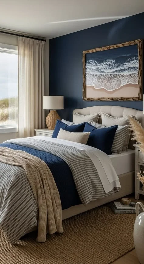 23 Navy Blue and Beige Bedroom Ideas That Feel Nautical and Chic Stylish navy blue and beige bedroom decor with nautical accents
