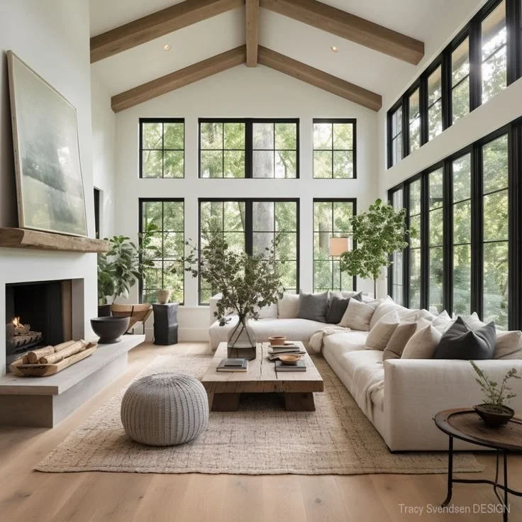 Bright minimal living room featuring large windows and stylish decor.