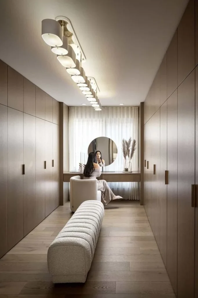 Chic Bench Moment in Modern Dressing Hall Chic bench in a modern dressing hall, showcasing stylish decor and elegance.