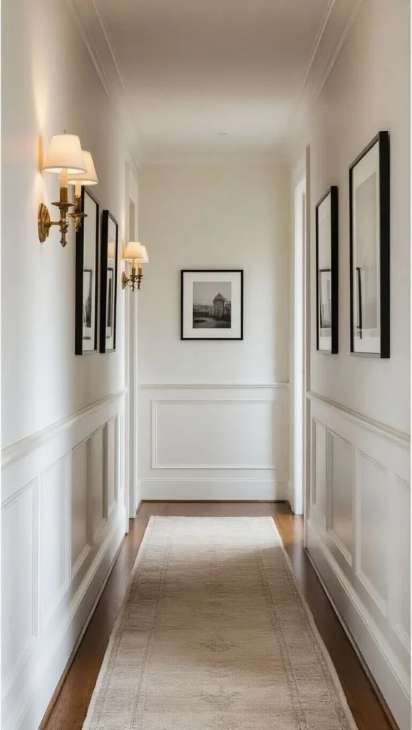 Elegant hallway lighting with wall lights and chic paneling ideas