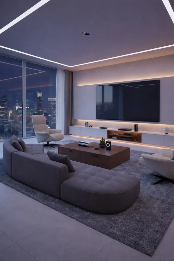 Cozy living room setup featuring wall-mounted TV and comfortable seating.