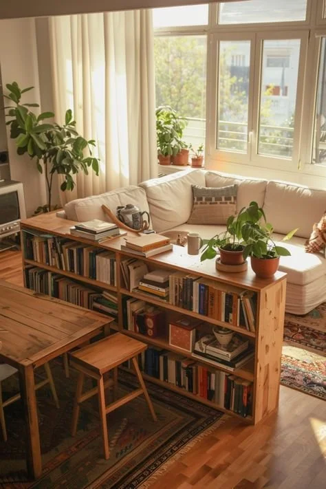 Cozy Living Room: Warm Wood & Books Cozy living room with warm wood furniture and books for a cozy atmosphere.
