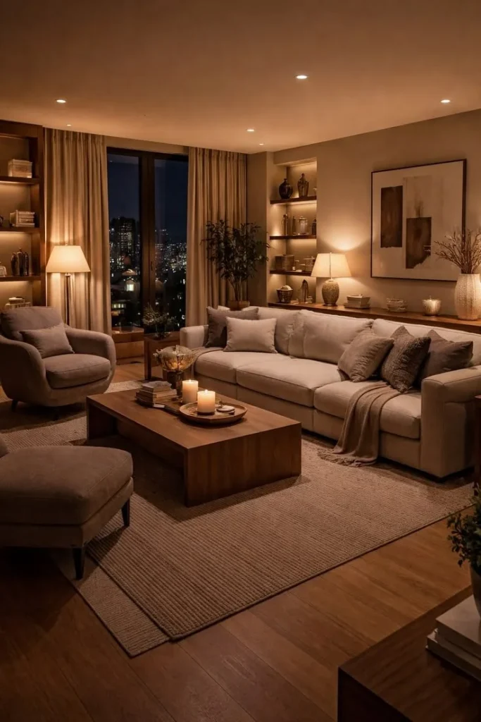 Cozy Living Room with Curtains, Lights & Seating Cozy living room featuring curtains, warm lights, and inviting seating arrangements.