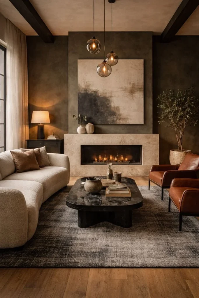 Cozy Living Room with Firelight and Comfortable Couches Cozy living room featuring firelight and comfortable couches for a warm atmosphere