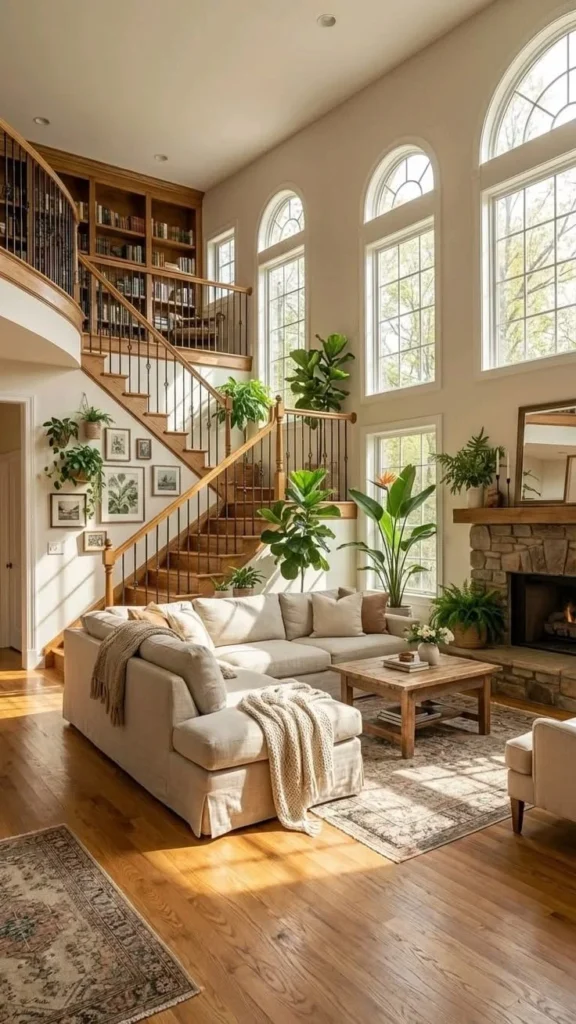 Cozy Living Room with Fireplace and Large Windows Cozy living room featuring a fireplace and large windows for a warm ambiance.