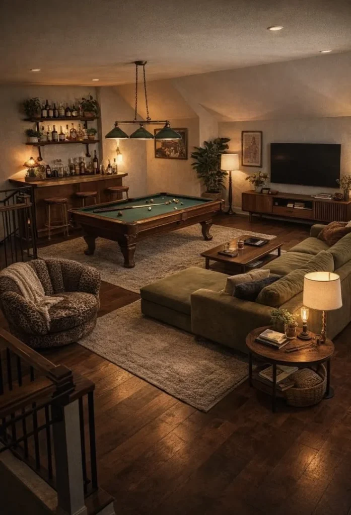 Cozy living room featuring a pool table and TV for entertainment and relaxation