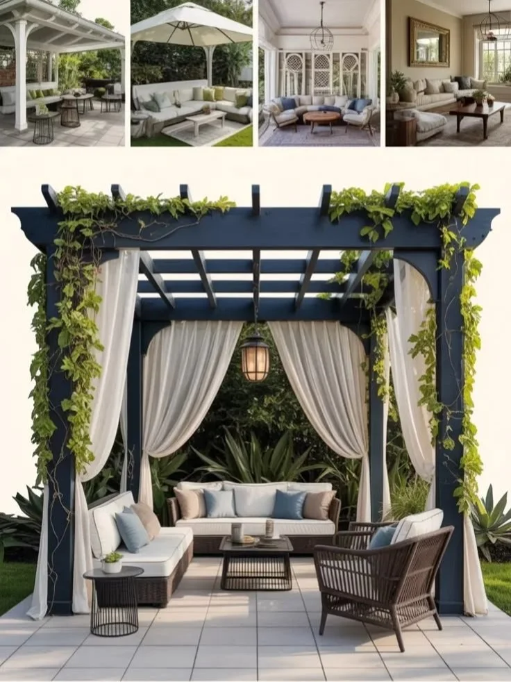 Elegant navy blue pergola gazebo with beige curtains and wicker patio furniture
