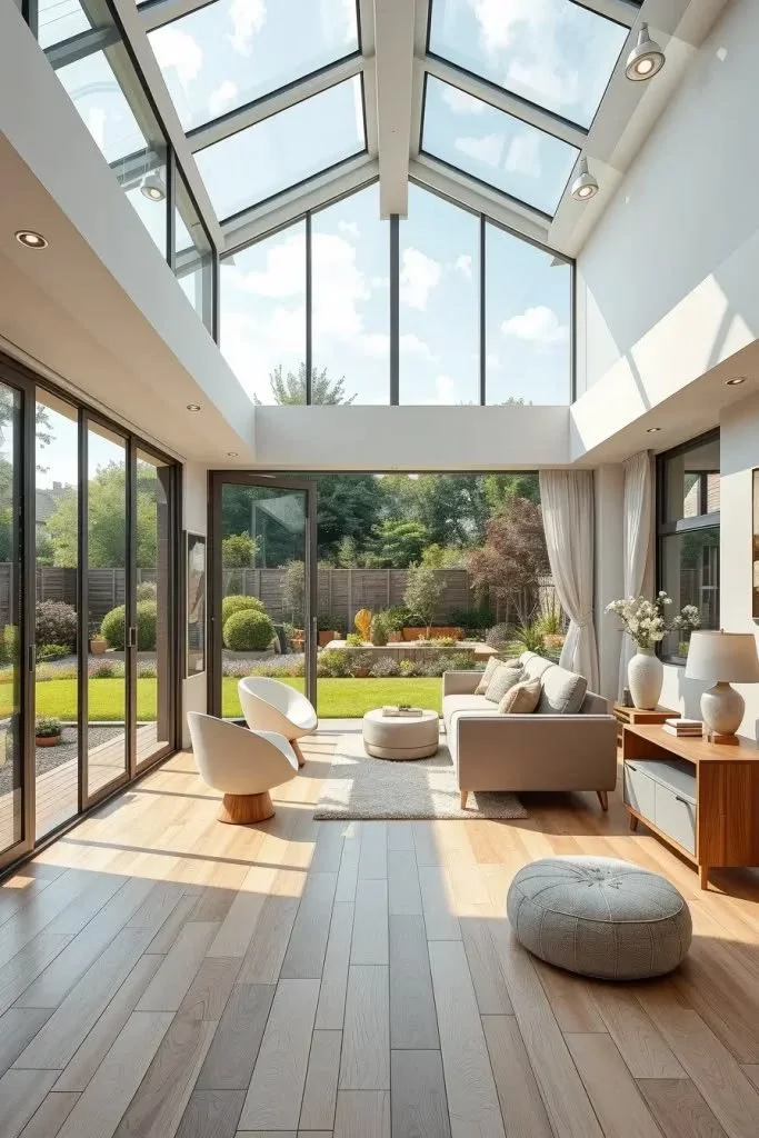 Modern garden room extension with frameless sliding doors and floor-to-ceiling windows.