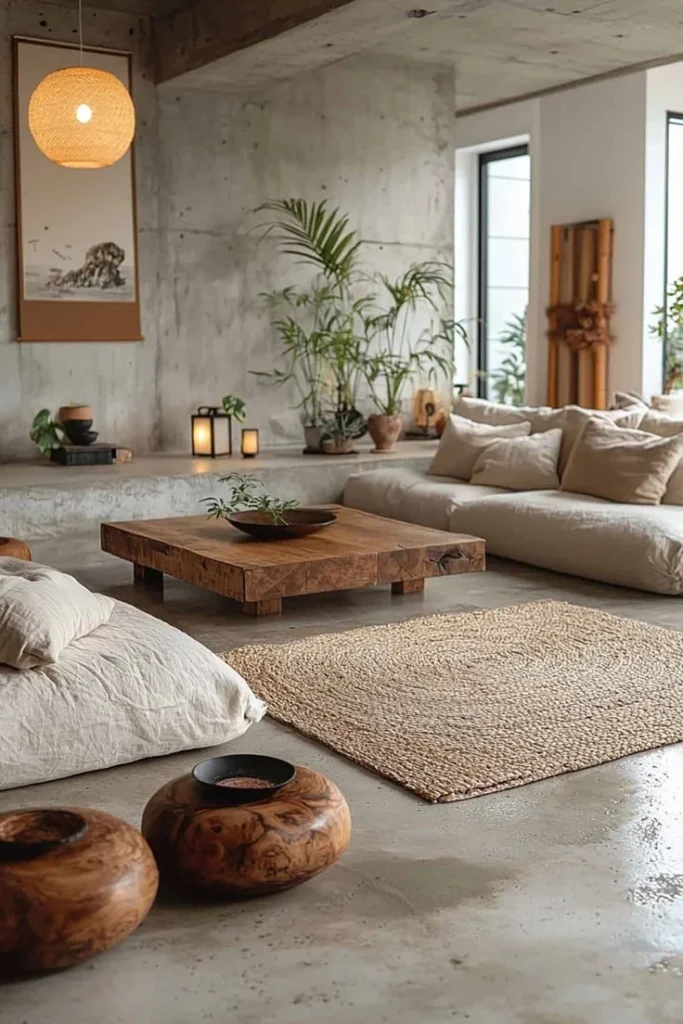 Japandi Zen living room featuring a concrete modern design for a tranquil atmosphere.