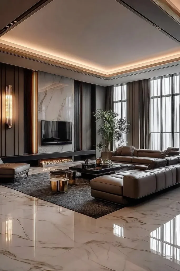 Luxurious living room featuring modern decor and elegant, warm design elements