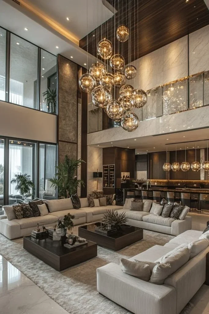 Luxurious living room design with a striking statement chandelier.