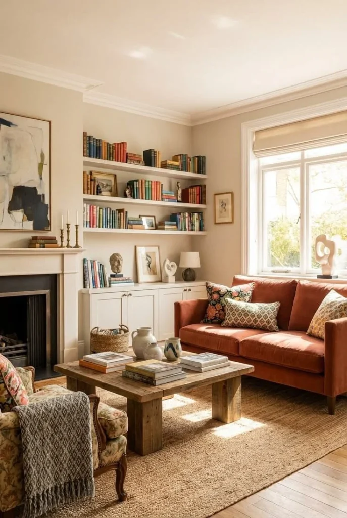 Modern eclectic living room with an orange sofa and wood accents