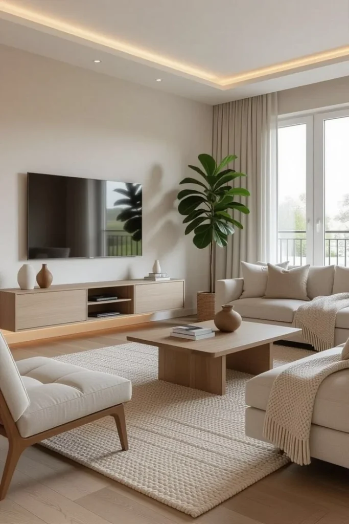 Modern Living Room: Minimalist Aesthetic and Cozy Furnishings Modern living room with minimalist aesthetic and cozy furnishings