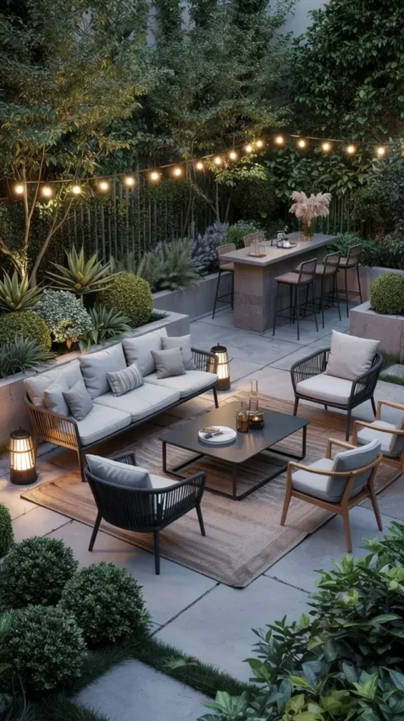 Modern outdoor lounge design for a 2026 garden party area.