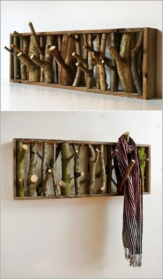 Rustic tree branch coat rack hanging coats and hats indoors
