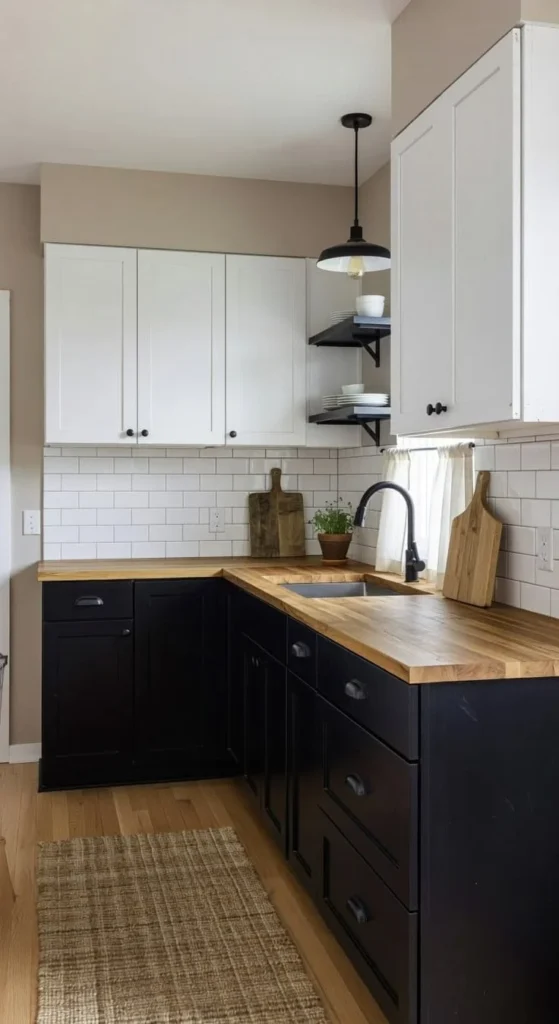 Stylish black and white kitchen cabinets showcasing a balance of light and dark.