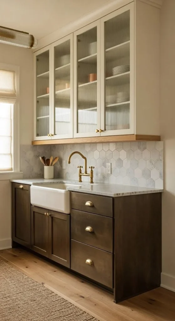 20 Gorgeous Fluted Glass Kitchen Cabinets Ideas to Create Display-Worthy Storage Fluted glass kitchen cabinets displaying stylish storage solutions