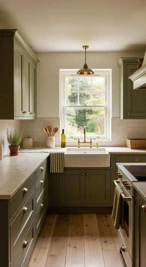 Stylish olive green kitchen cabinets showcasing organic design elements