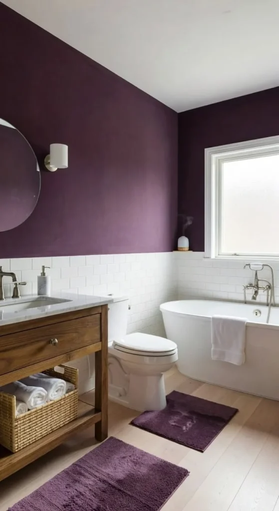 A beautifully designed plum bathroom showcasing rich purple tones and elegant decor.