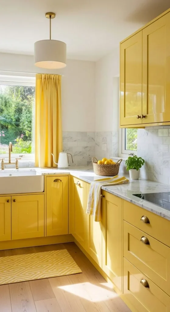 Bright yellow kitchen cabinets enhancing a modern kitchen design