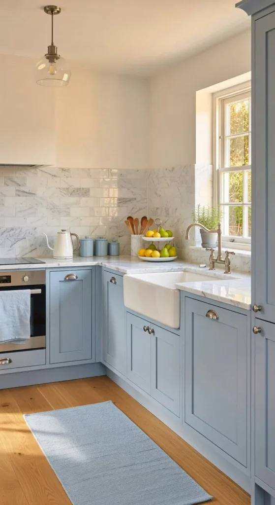 Elegant light blue kitchen cabinets that provide a fresh and modern look.