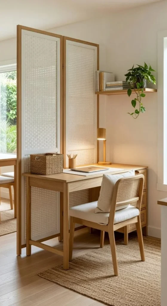 Elegant small home office setup showcasing stylish and efficient design elements.