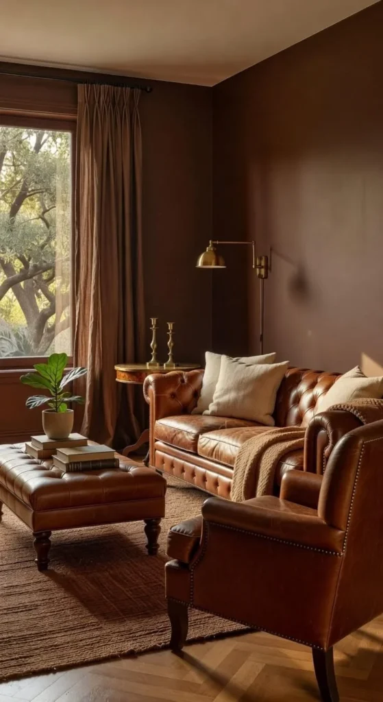 Living room featuring stunning brown tones for an earthy, layered design.