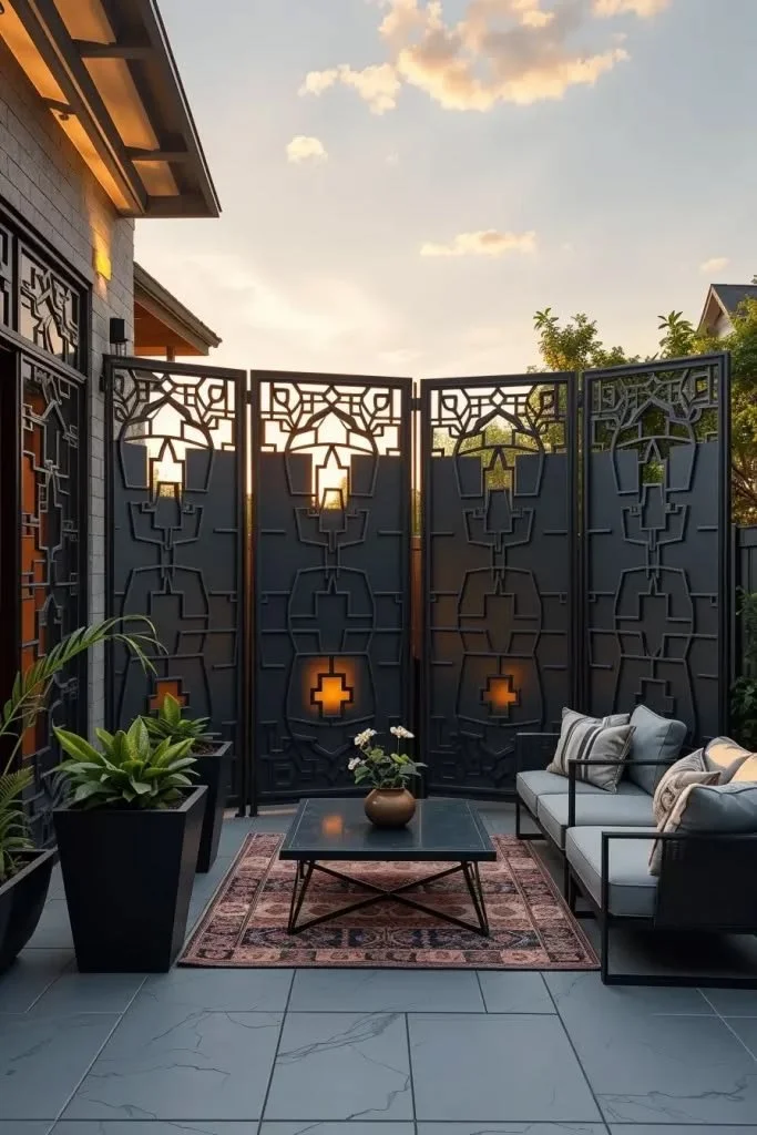 Backyard Privacy Ideas 2026: Artistic Outdoor Screens With Geometric Design Patterns Geometric outdoor screens for backyard privacy ideas in 2026.