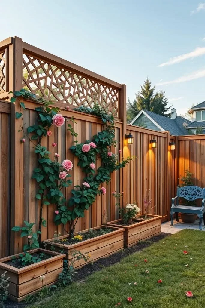 Creative fence extensions and decorative lattice designs for backyard privacy.