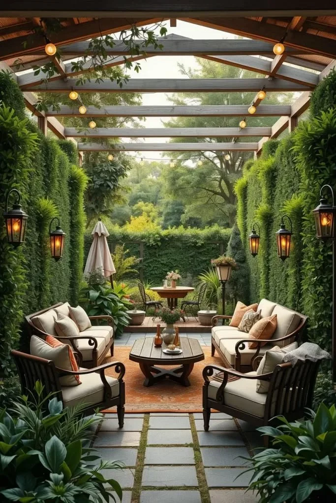 Backyard Privacy Ideas 2026: Outdoor Living Rooms Hidden Behind Green Hedge Walls Outdoor living room design with green hedge walls for backyard privacy