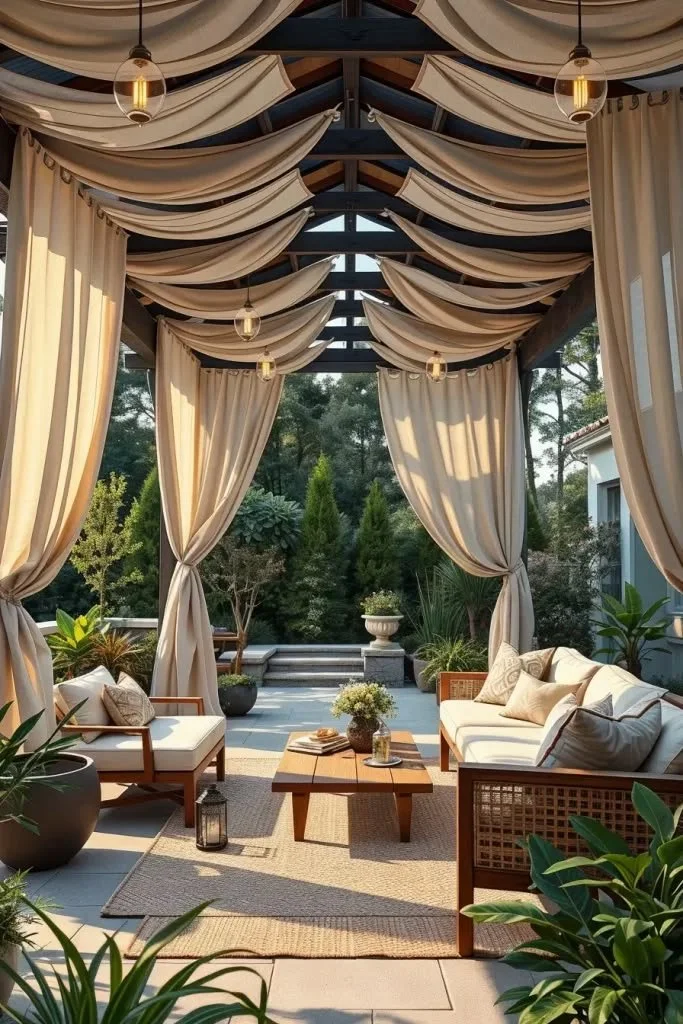 Stylish outdoor canopies providing shade and privacy in a backyard setting.