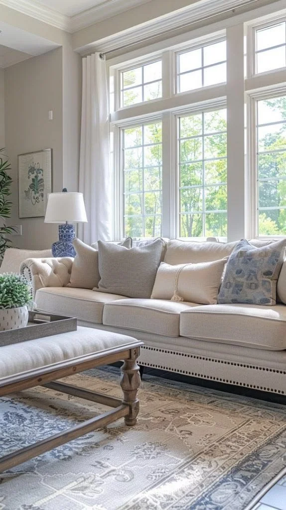 Elegant beige and blue family room showcasing stylish decor and cozy atmosphere.