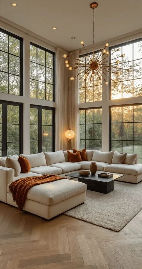 Bright big-window living room with elegant decor and natural light