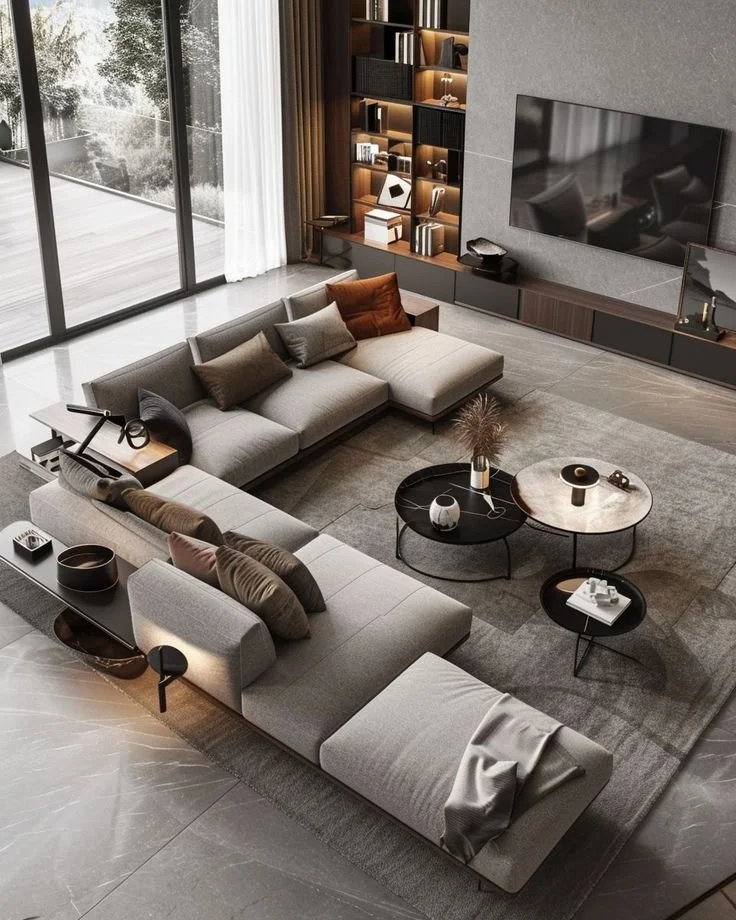 Spacious and cozy bright living room design with modern decor