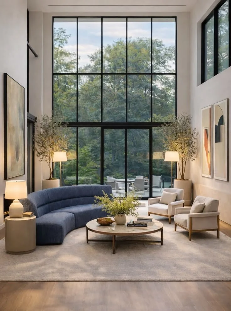 Bright living room featuring large windows and cozy furniture for a welcoming ambiance.